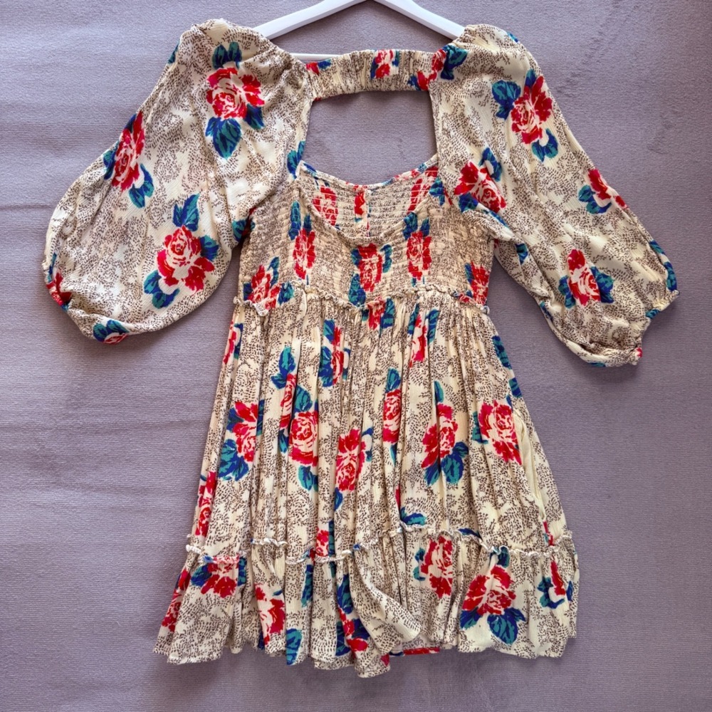 Free People Floral Boho Smocked Mini Dress Balloon Sleeve Size L Whimsical Retro - Picture 4 of 13